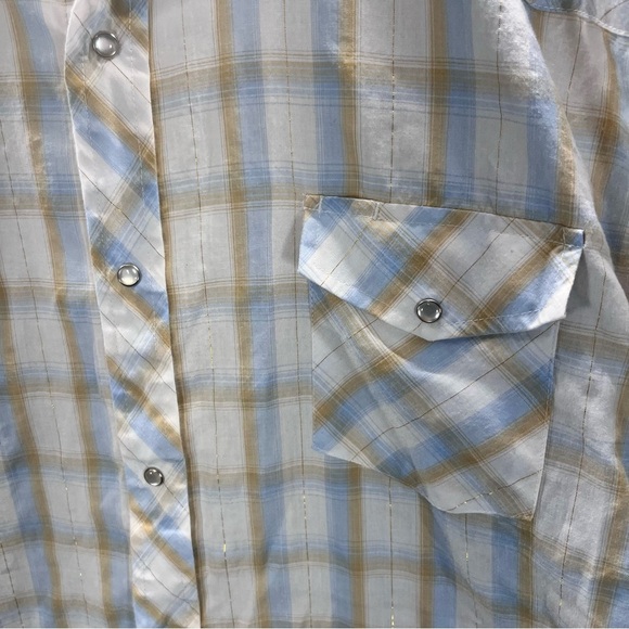 Roper Western Cowboy Button Down Shirt Mens 3XL Tan Blue Plaid Shimmer 2744 - Picture 2 of 8